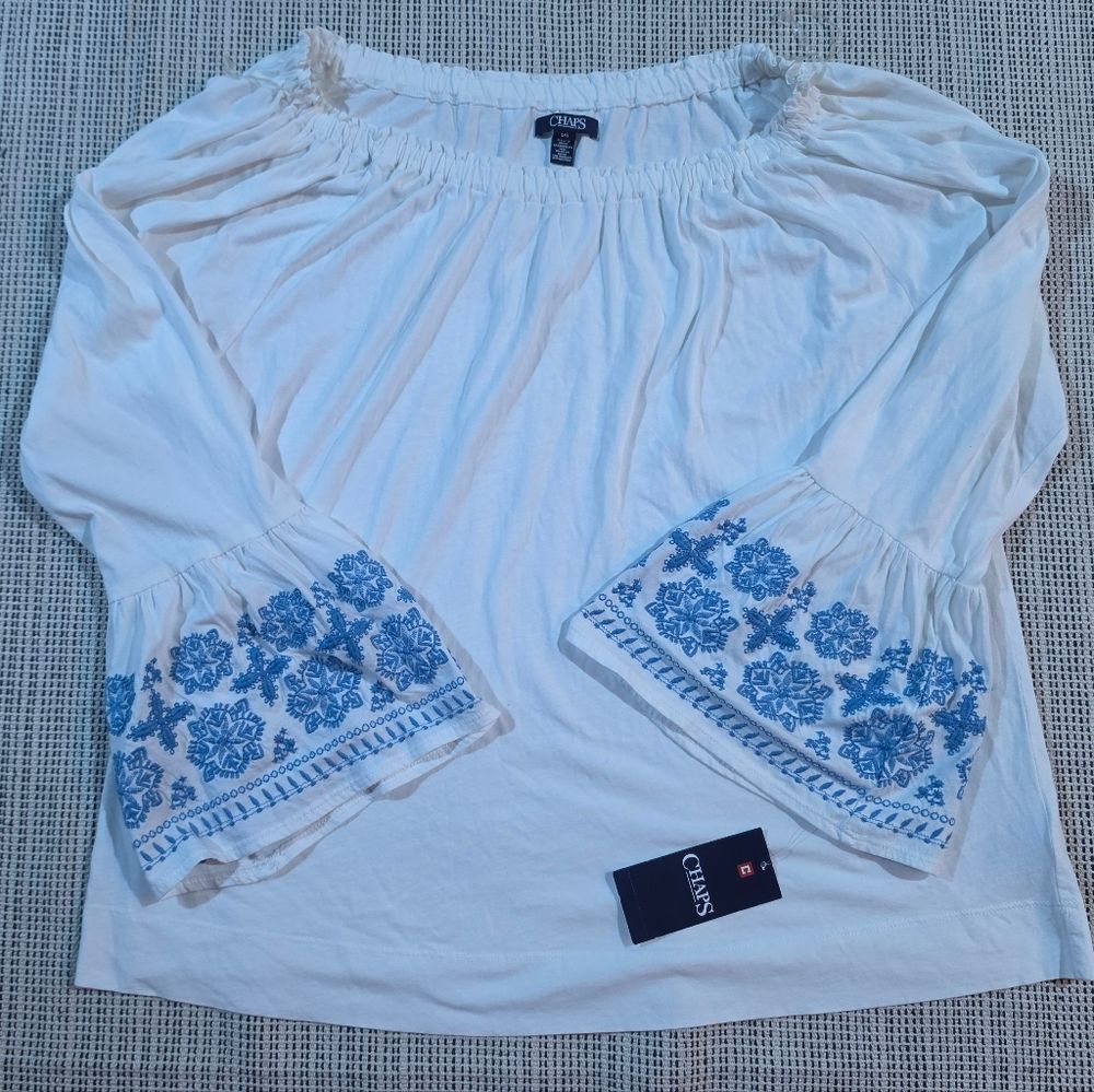 Chaps Tropic Bay White Blue Floral Embroidered Off Shoulder Bohemian Blouse L